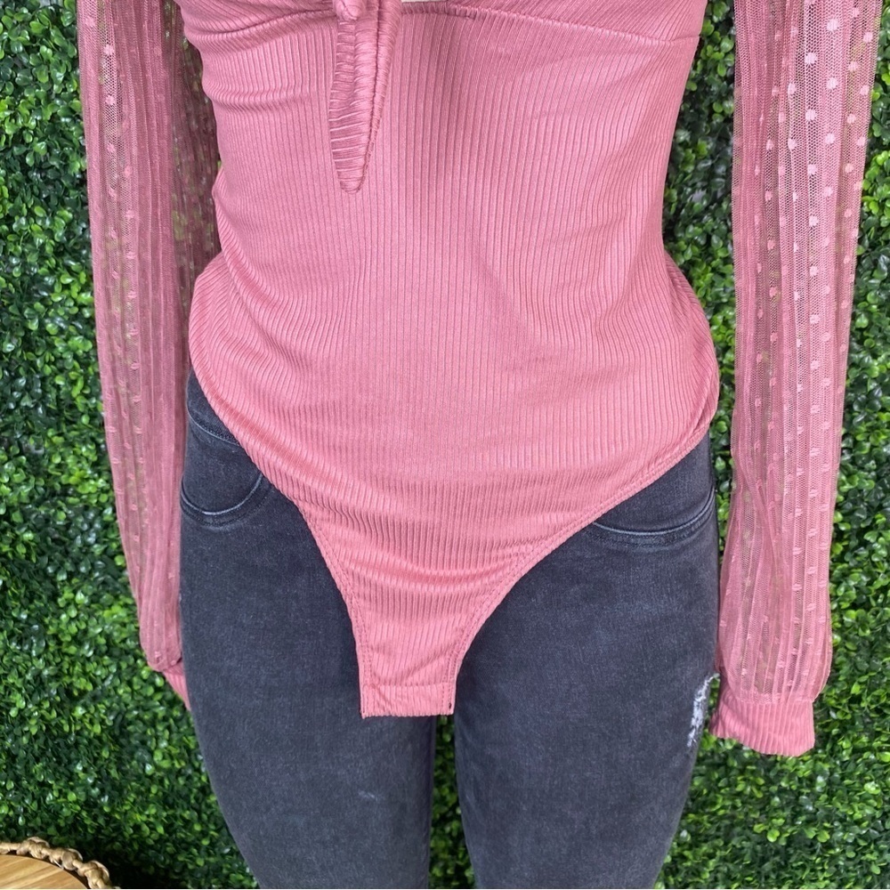 Mauve pink sheer sleeve ribbed body suit - Picture 6 of 9